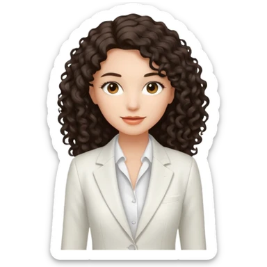 Chica joven con una sonrisa suave con cabello largo rizado y oscuro, piel clara, vestida con un traje blanco elegante y tacones bajos blancos sticker