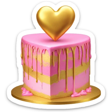 Realistic pink and yellow heart shaped layered cake with metallic gold icing dripping down the cake. sticker