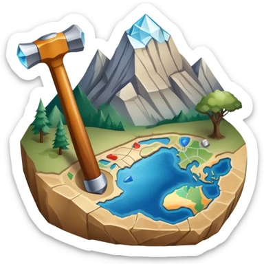 An icon featuring a rock hammer, a fossil, and a geological map, symbolizing geology. The design includes layers of the Earth, a crystal, and a mountain range, representing the study of Earth's structure, materials, and natural processes. Transparent background highlights geological research sticker