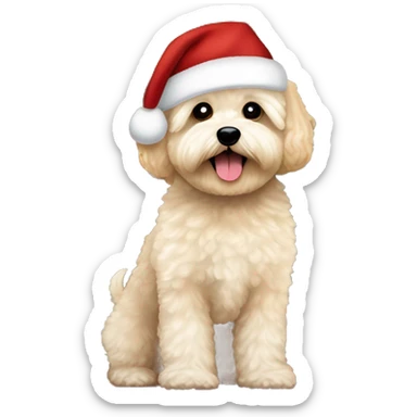 Ein Maltipoo mit Weihnachtsmütze im Vordergrund im Hintergrund stehen zwei Menschen, ein braun haarige Junge und ein blondes Mädchen in der Mitte ein Weihnachtsbaum sticker