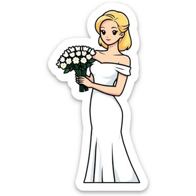 blonde woman in a white off-shoulder dress with a bouquet of white flowers sticker