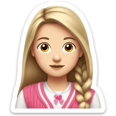 white girl, cardigan white, long straight brown hair, pink ribbon in cardigan  sticker