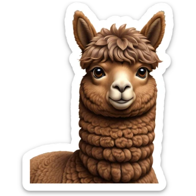 Cinematic Noble Brown Alpaca Portrait Emoji, Poised and regal, with a sturdy, graceful build and a rich, well-groomed brown fleece, deep-set soulful warm eyes, Simplified yet sharp and sophisticated features, highly detailed, glowing with a soft, dignified glow, high shine, intelligent and serene, stylized with an air of pastoral elegance, focused and attentive, soft glowing outline, capturing the essence of a watchful and confident companion, so majestic it feels as though it could stride out of the screen with effortless authority! sticker