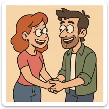 cartoon style illustration of a couple holding hands, smiling at each other, romantic and sweet sticker