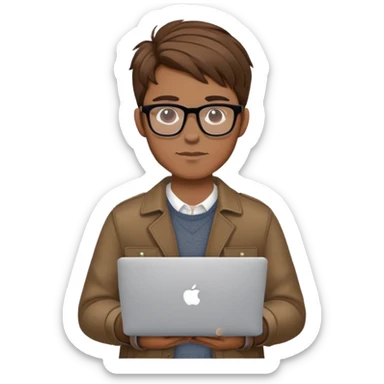 brown balayage college stylish British  hipster man with MacBook with glasses sticker