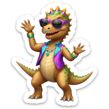 Un dinosaurio bailando con outfit disco y gafas oscurass. sticker