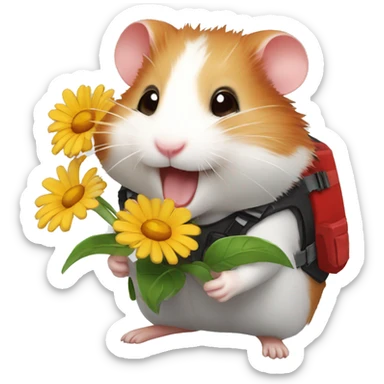 A red-haired hamster laughing with a flower in a cyber vest sticker