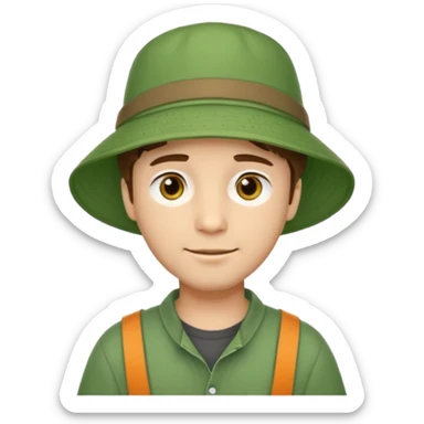 A light-skinned man with short brown hair, golden-brown eyes, and a soft smile, wearing a wide-brimmed green bucket hat. sticker