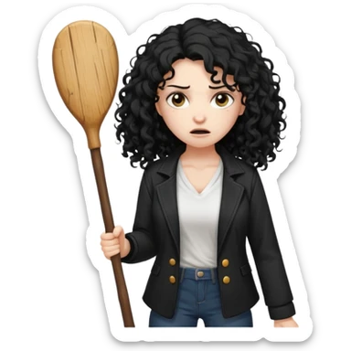 Hey, please generate me an emoji that depicts a woman white skin long black curly disheveled hair slightly thicker, she is wearing a white T-shirt and a black unbuttoned jacket she is furious she is holding a large wodden STICK  sticker