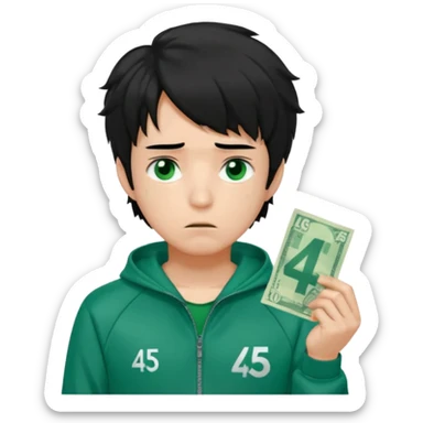 male character in a green Squid Game tracksuit with the number 456 on his chest, tired and emotional face, messy black hair, sad eyes, holding some cash or a banknote, subtle heartbroken expression, cartoon emoji style sticker