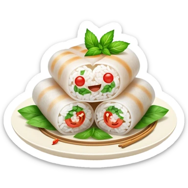 Bánh Cuốn Cinematic Realistic Bánh Cuốn Dish Emoji, depicted as delicate steamed rice rolls garnished with chopped mint on top, rendered with lifelike textures and fresh, vibrant lighting. sticker