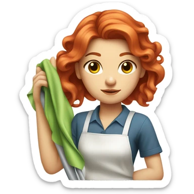 "A beautiful girl with red hair and fair skin, cleaning a dress with a cloth. She is focused on the task and looks determined." sticker