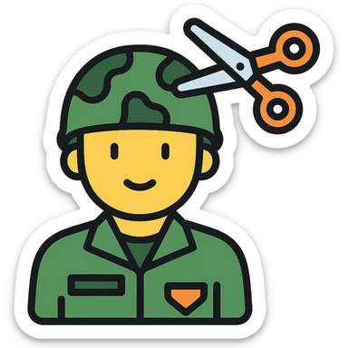 a soldier man getting a haircut, color outline icon style sticker