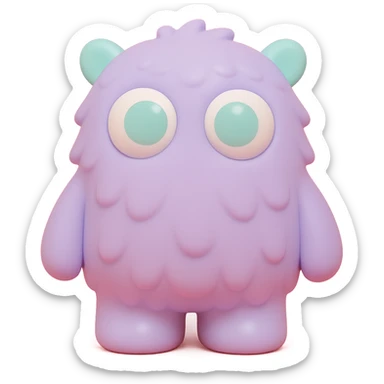 fluffy monster with soft fur texture, big round eyes, small ears, pastel color palette, toy-like sticker