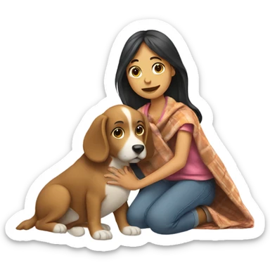 Girl petting a dog with a blanket on it sticker