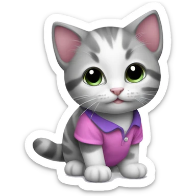 A gray and white kitten wearing a pink and purple shirt is holding a fis sticker