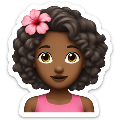 Brown skinned girl with long dark curly hair, a hibiscus flower, and a pink halter top shirt. sticker