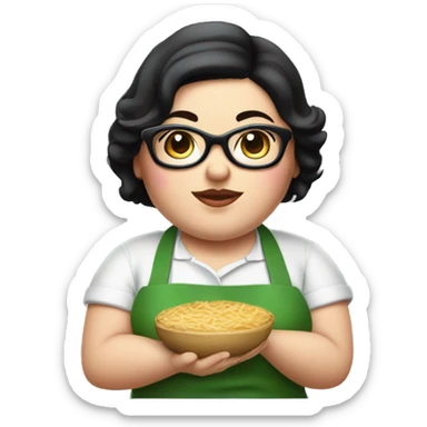 chubby lady with black hair green apron  with glasses cooking  sticker