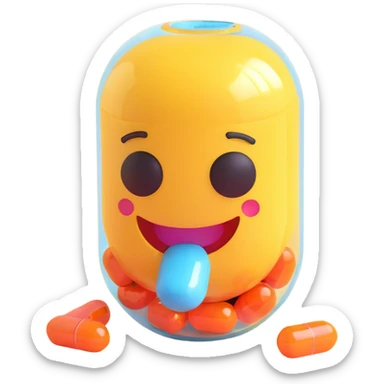 cute and healthy probiotic emoji in pill or capsule form with a smiling face, bright and refreshing colors sticker