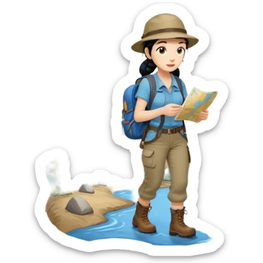 A braid black hair backpacking woman checking her map with curious eyes while walking wear camping hat and dirt covered boots full body sticker