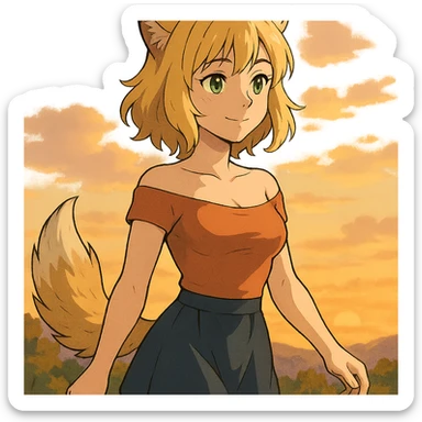 anime style furry girl with wolf ears and tail, short blonde hair, green eyes, hourglass body, walking at sunset, gentle smile, ghibli style sticker