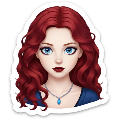 pretty baddie, dark red wavy hair, pale skin, long hair, blue eyes, bold black eyeliner sticker