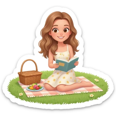 detailed emoji scene of a woman with long light brown wavy hair and light brown eyes reading a book while sitting in the grass, peaceful picnic atmosphere, emoji style illustration sticker