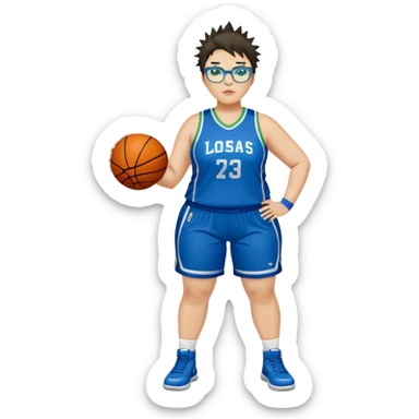full body white plus size women basketball player with short spiky dark hair with added blond highlights wearing blue glasses wearing green and blue uniform sticker