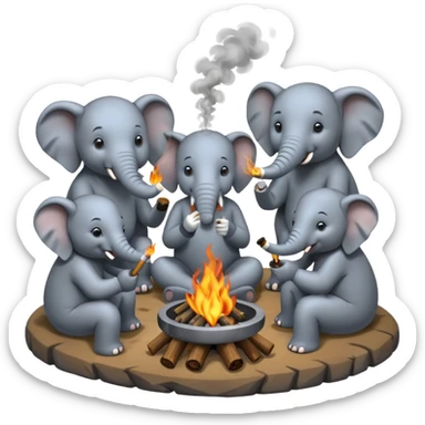Elephants smoking pot around a campfire sticker