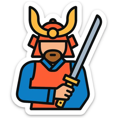 samurai warrior holding katana, minimal background, color outline icon style sticker