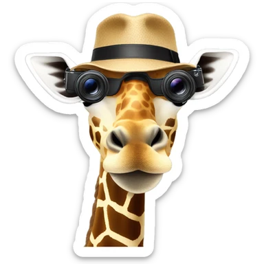giraffe wearing a hat with a photo camera sticker