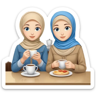 Turkish beautiful finish Konya two girls blue eyes with beige denim hijab islamic dress and make breakfast in coffeehouse sticker