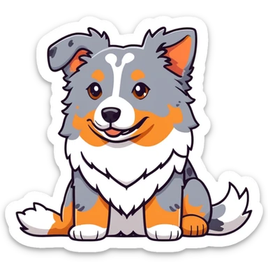 Merle Australian Shepherd dog laying down, spotted blue merle coat, fluffy fur sticker