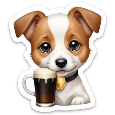 Black and white Jack russle puppy. White face. Black pointy floppy ears. Black circles around eyes. Drinking a Guinness beer. The dog does not have brown hair sticker
