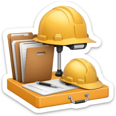 Image of a scale with a construction helmet on one side and a folder on the other. sticker