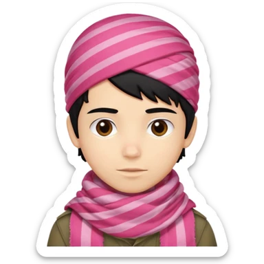 Emoji de un chico con turbante árabe que el chico sea de color piel clara y que tenga cabello negro y de fondo blanco y que tenga un pañuelo árabe de color rojo y con rayas rosas sticker