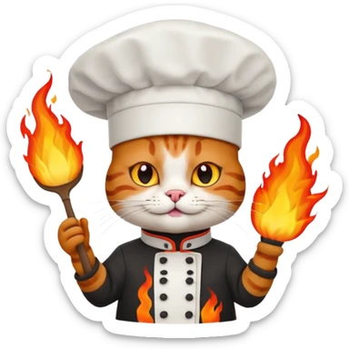 black chef cat wearing a tall white chef hat, burning hat sticker