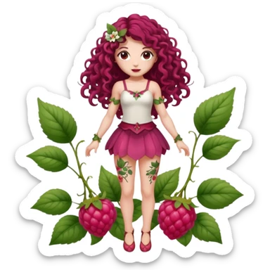 full body woman long curly brown hair brown eyes white skin tattoos muscular build raspberry fairy outfit, petal skirt, thigh vines sticker
