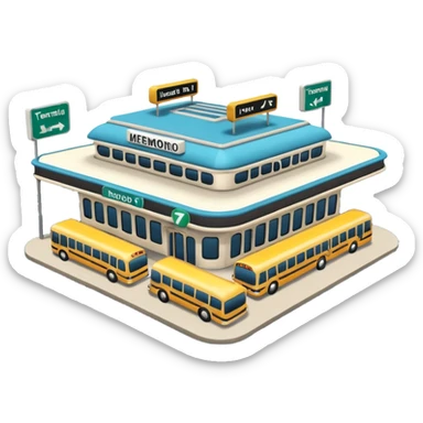 A 3D cartoon bus terminal with multiple buses parked, roofed structure, and directional signs, Memoji-style. sticker