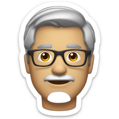 unshaved man with strong jaw, short grey hair brushed back wearing small glasses and headset sticker