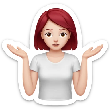 younger woman shrugging, eyes closed, white t-shirt, dark red hair sticker