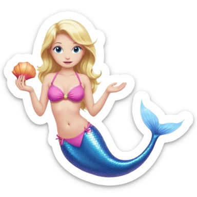 mermaid woman with blonde hair and blue eyes, a pink bikini top and an ALL pink tail holding a shell sticker
