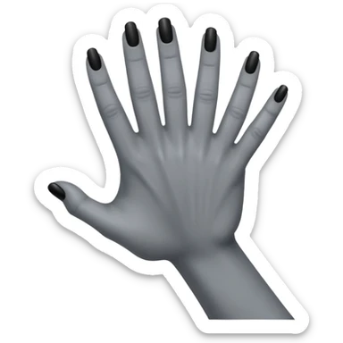 front angle view of a grey colored arm and 5-fingered hand reaching out, black finger nails behind sticker