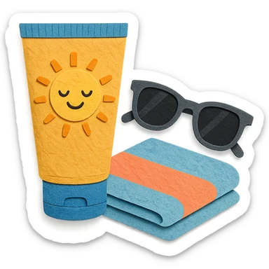 tube of sunscreen with a smiling sun, next to sunglasses and a towel, paper-craft style sticker