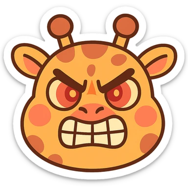 A fierce, determined cartoon giraffe face with furrowed brows, clenched teeth, and fiery eyes. The design should be bold and comically exaggerated, suitable for a 'grr' or 'tryhard' emote. Use sharp angles for the eyebrows, vibrant colors, and a clean, readable style even at small sizes. Cartoonish, kawaii-inspired style, pastel toon sticker