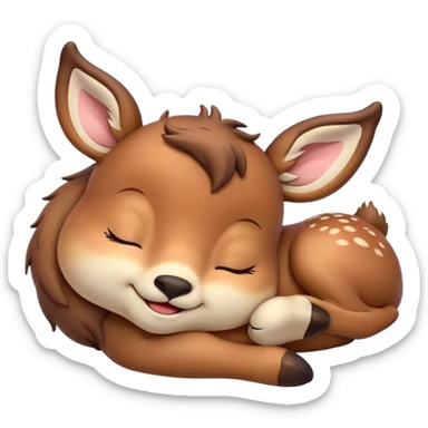 Meme-Worthy Cute Sleeping Deer Portrait Emoji, Head resting peacefully with a contented smile, showcasing a delicate, slender build and a luxuriously soft Fur, eyes shut in a serene, restful nap, Simplified yet hilariously adorable features, highly detailed, glowing with a soft, drowsy light, high shine, relaxed and utterly lovable, stylized with an air of playful laziness, bright and heartwarming, soft glowing outline, capturing the essence of a comically sleepy deer, so meme-worthy it feels like it could instantly become the next viral sensation of adorable woodland slumber! sticker