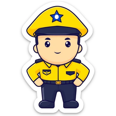 Russian police officer with yellow uniform and yellow police hat sticker