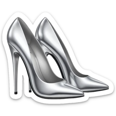 A pair of high heel shoes emoji made of polished silver chrome, elegant sharp silhouette, smooth metallic surface, glossy reflections, luxury sexy vibe, minimalistic iOS emoji style, centered, clean white background sticker