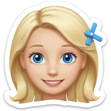blonde girl, blue eyes with clips in hair and big forehead sticker