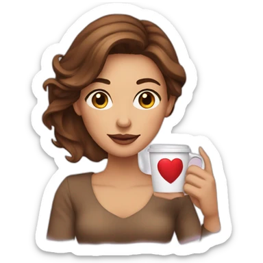a woman with brown medium length hair parted on side holding a coffee cup with a heart  sticker